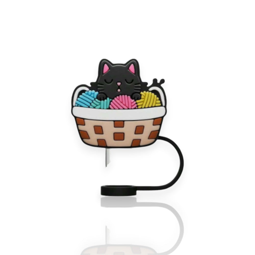 Protetor de Canudo Quencher - Gatinho com design fofo de gatinho em cesto colorido, acessório criativo para copo térmico Stanley.