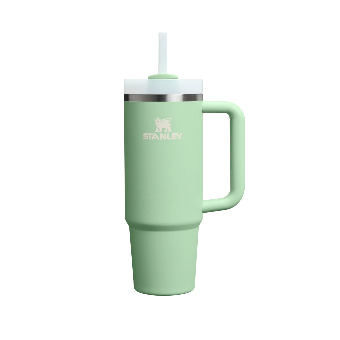 Copo Quencher Stanley 887ml verde com alça ergonômica e tampa de 3 posições isolante a vácuo, mantém bebida gelada por até 40 horas.