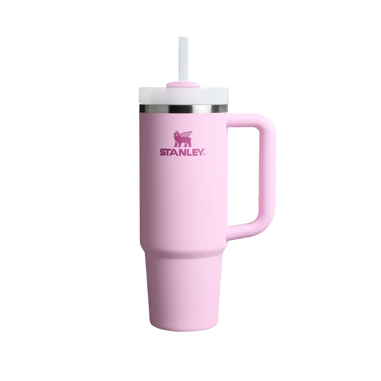 Copo Quencher Stanley 887ml rosa com alça ergonômica e tampa de 3 posições em fundo branco.