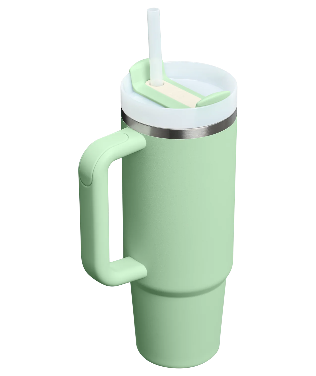 Copo Quencher Stanley 887ml verde com alça ergonômica e tampa prática, ideal para hidratação duradoura.