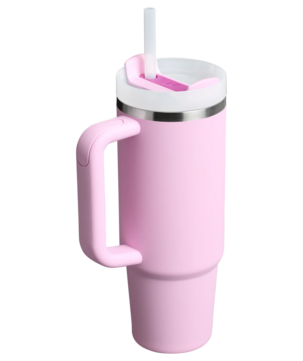 Copo Quencher Stanley 887 ml Cherry Blossom, vista lateral com tampa fechada