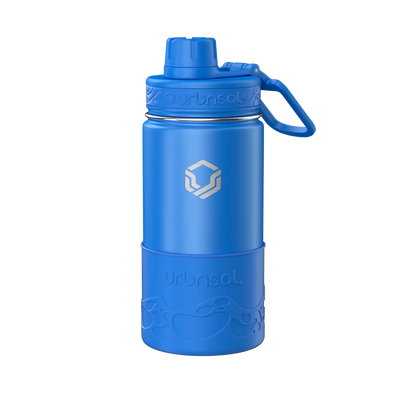 Garrafa Térmica Urbnsol Tradicional - 414ml em azul, ideal para crianças, mantém líquidos quentes e frios por horas.
