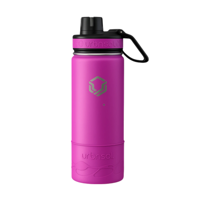 Garrafa Térmica Urbnsol Tradicional - 532ml, com protetor de silicone rosa, ideal para manter bebida quente por 12h ou fria por 24h.