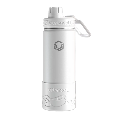 Garrafa Térmica Urbnsol Tradicional - 532ml, isolada a vácuo com protetor de silicone branca, mantém a bebida fria ou quente por horas.