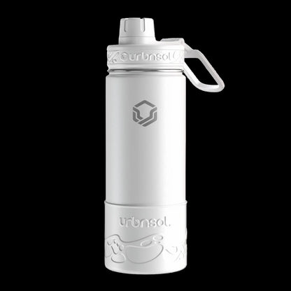 Garrafa Térmica Urbnsol Tradicional - 532ml, isolada a vácuo com protetor de silicone branca, mantém a bebida fria ou quente por horas.