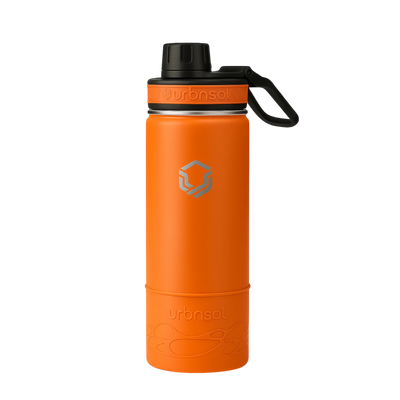 Garrafa Térmica Urbnsol Tradicional - 532ml em laranja com isolamento a vácuo, ideal para manter bebidas quentes por 12h e frias por 24h.