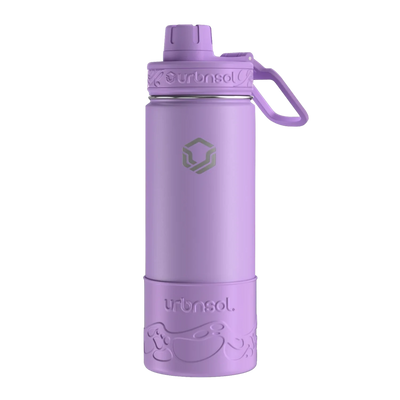 Garrafa Térmica Urbnsol Tradicional - 532ml em roxo, com protetor de silicone, mantendo a temperatura por 12h quente e 24h fria.