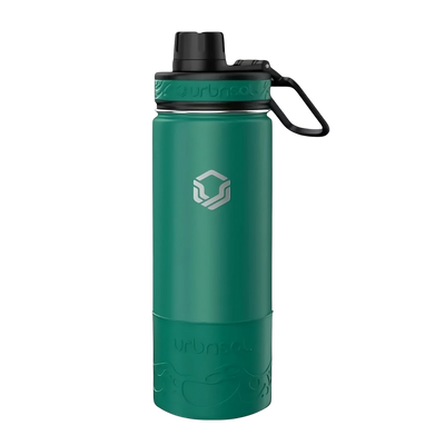 Garrafa Térmica Urbnsol Tradicional - 532ml em verde com protetor de silicone e isolamento a vácuo para bebidas quentes ou frias.