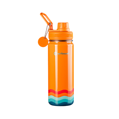 Garrafa Térmica Urbnsol 532ml - Core e Waves em laranja com padrão de ondas, ideal para manter bebidas quentes por 12h e frias por 24h.