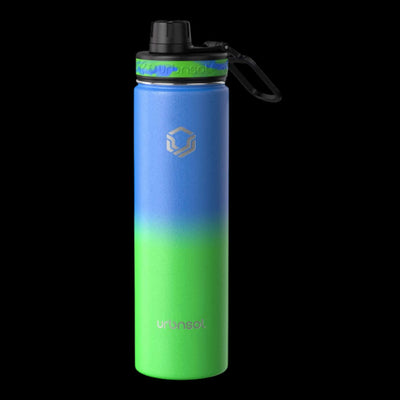 Garrafa Térmica Urbnsol 650ml - Tradicional azul e verde com design moderno, ideal para manter bebidas quentes por 12h e frias por 24h.