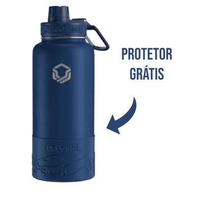 Garrafa Térmica Urbnsol 946ml - Tradicional, azul com protetor grátis, mantém bebidas quentes e frias, fabricada em aço inoxidável.