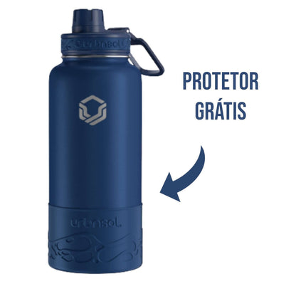 Garrafa Térmica Urbnsol 946ml - Tradicional, azul com protetor grátis, mantém bebidas quentes e frias, fabricada em aço inoxidável.
