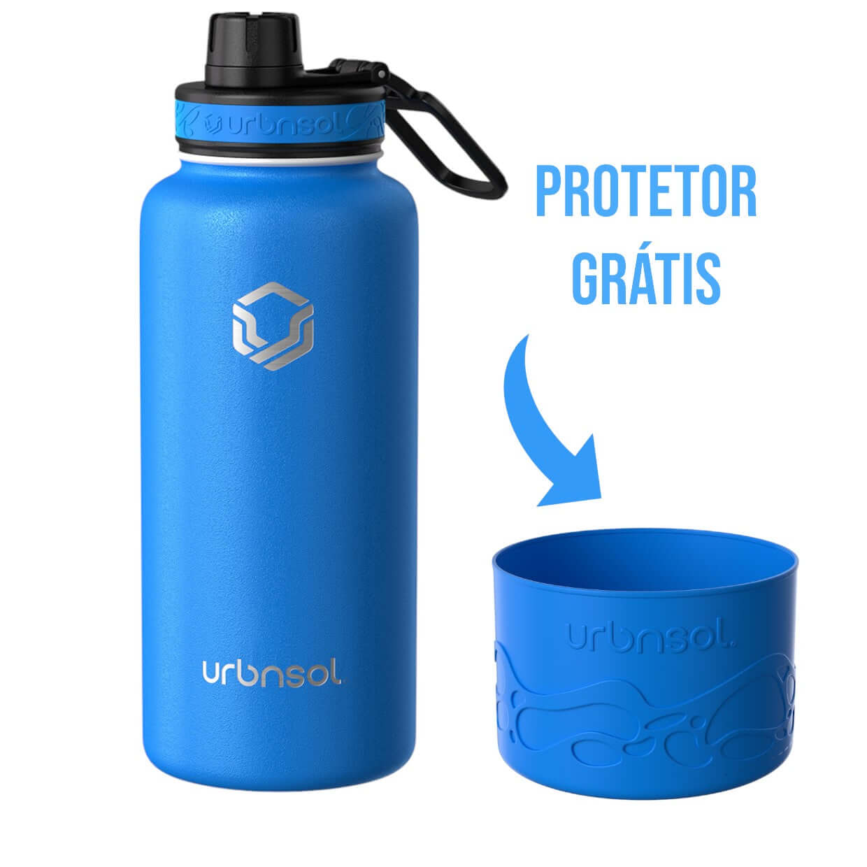 Garrafa Térmica Urbnsol 946ml - Tradicional em azul com protetor grátis, ideal para manter bebidas na temperatura perfeita.