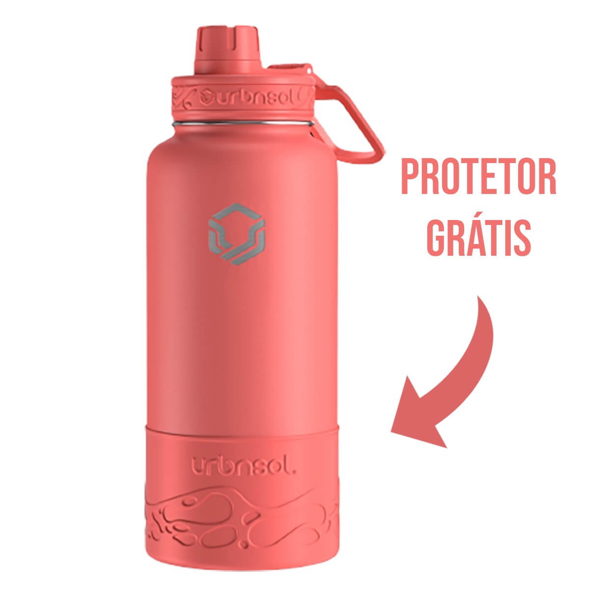 Garrafa Térmica Urbnsol 946ml - Tradicional em cor vibrante, com protetor grátis, destacando durabilidade e eficiência térmica.