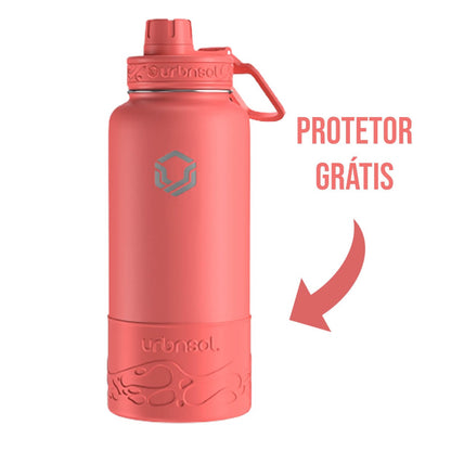 Garrafa Térmica Urbnsol 946ml - Tradicional em cor vibrante, com protetor grátis, destacando durabilidade e eficiência térmica.