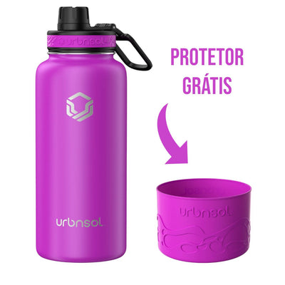 Garrafa Térmica Urbnsol 946ml - Tradicional em aço inoxidável, com protetor rosa grátis. Mantém bebidas na temperatura ideal.