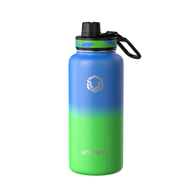 Garrafa Térmica Urbnsol 946ml - Tradicional em azul e verde, capacidade ideal e conservação térmica, aço inoxidável de alta qualidade.