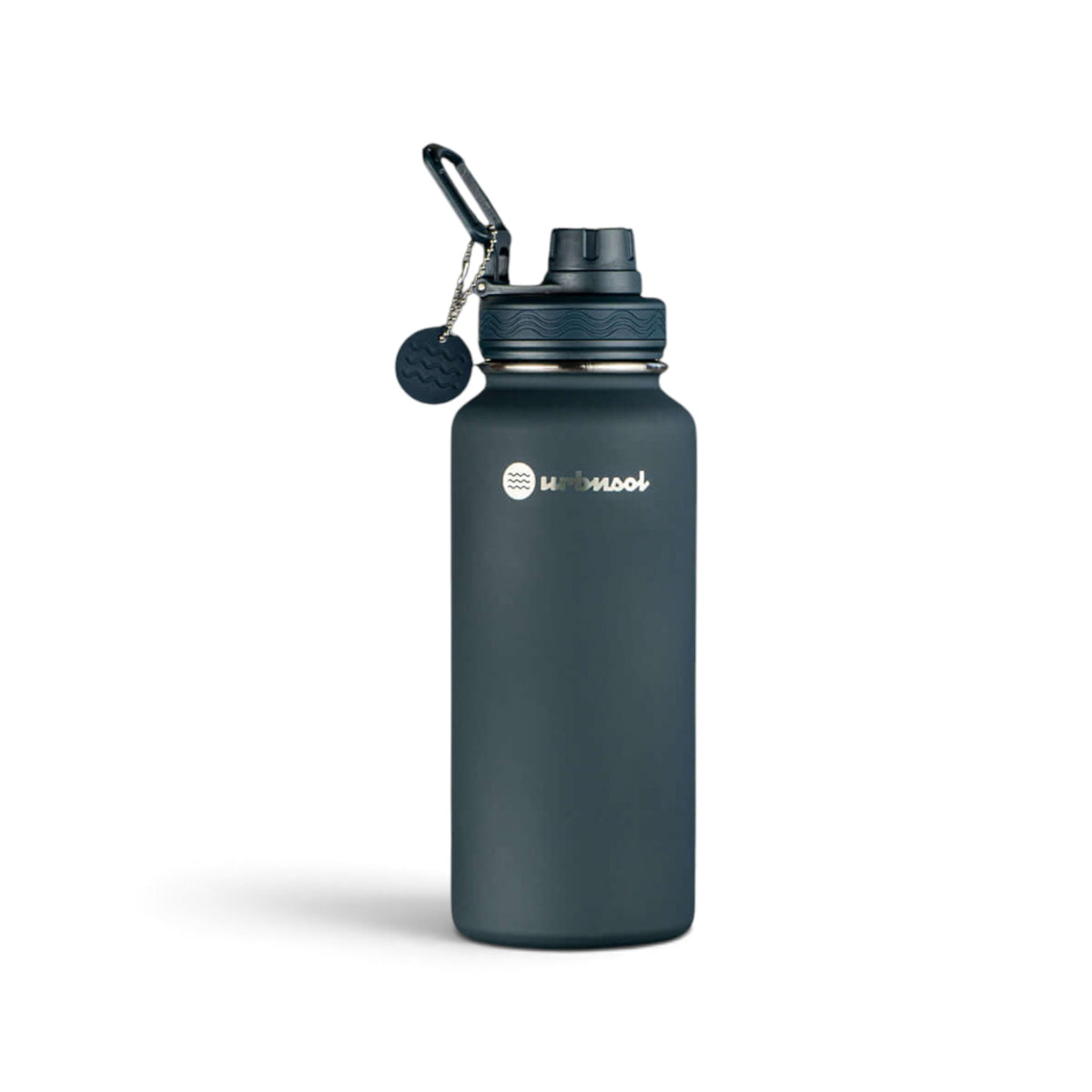 Garrafa Térmica Urbnsol 946 ml Core e Waves Preto fosco, vista frontal com tampa fechada