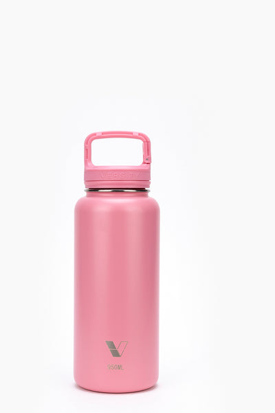 Garrafa Térmica Versity ColdKeeper 950ml rosa com isolamento a vácuo, mantém bebidas geladas por 24h e quentes por 12h, sem suor externo.