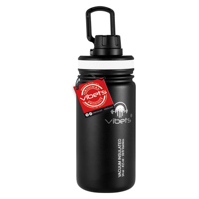 Garrafa Térmica Vibets Kids 415ml - Loop com isolamento superior e design anti-suor, foto de garrafa preta com alça prática.