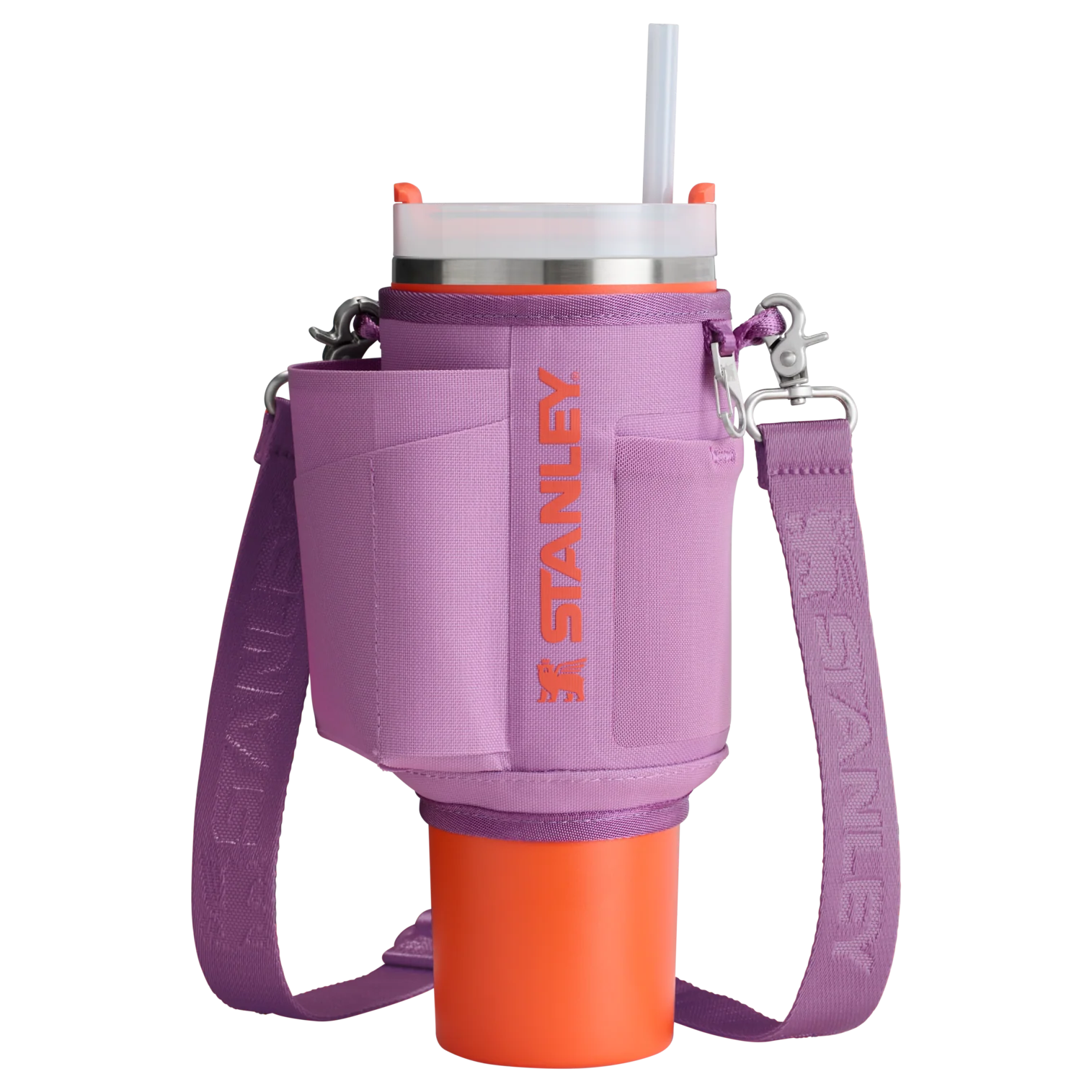 Bolsa para Copo Quencher Stanley - Carry All 1,18L em poliéster reciclado roxo, com alça e bolsos, exibindo funcionalidade e estilo.