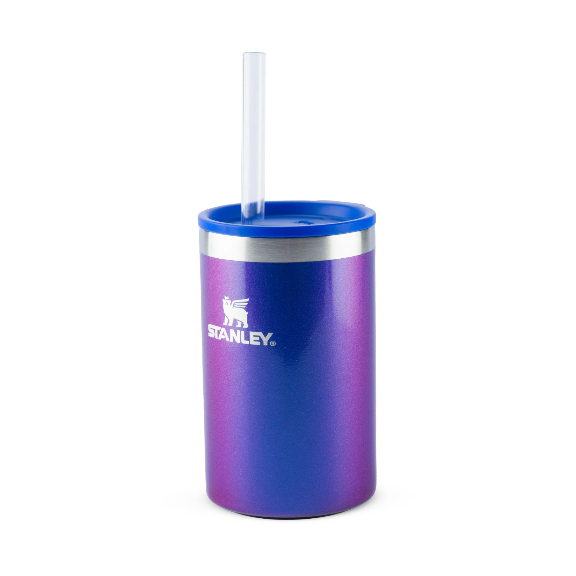 Can Cooler com canudo Stanley | 296ML em tons de roxo e azul, com canudo e tampa de silicone.