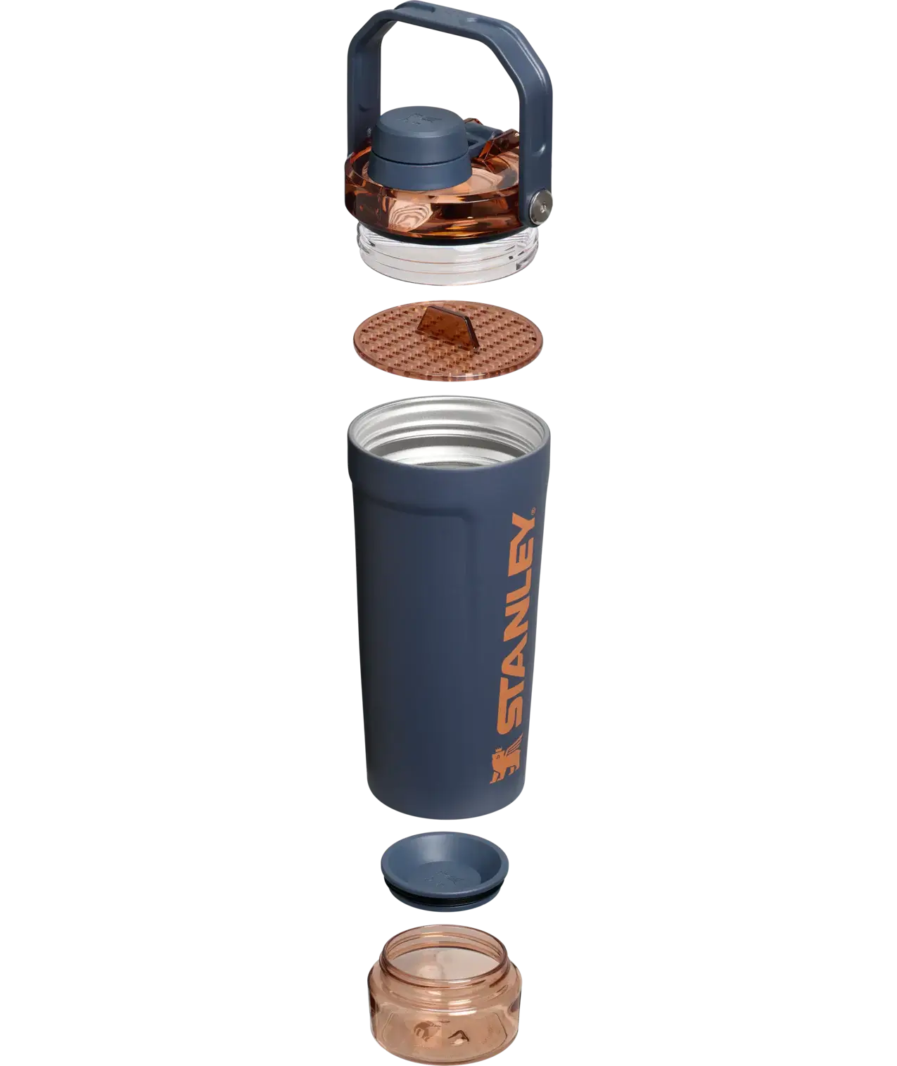 Exploded view of Activate Shaker Stanley | Coqueteleira 591ml showing lid, container, and double-wall insulation.