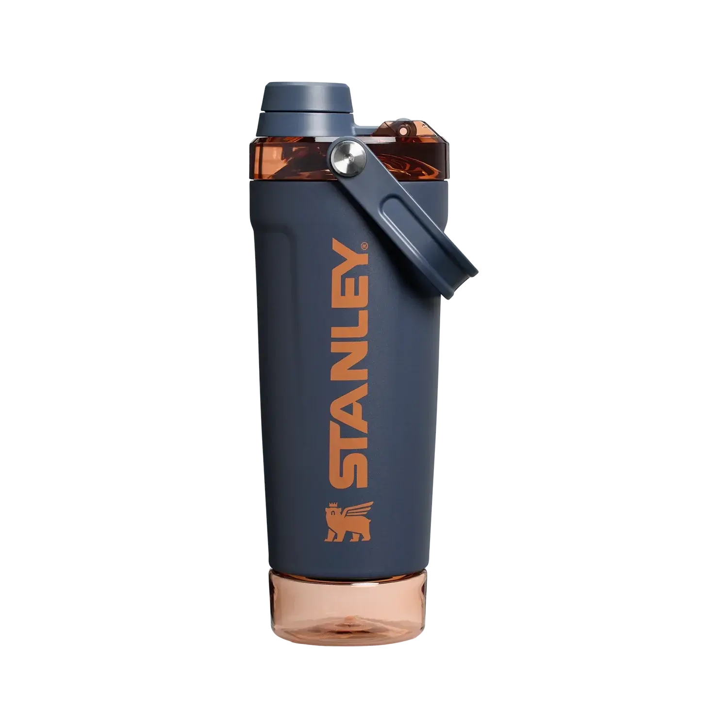 Copo Activate Shaker Stanley | Coqueteleira 591ml azul com detalhes em laranja, ideal para shakes e proteínas com isolamento térmico.