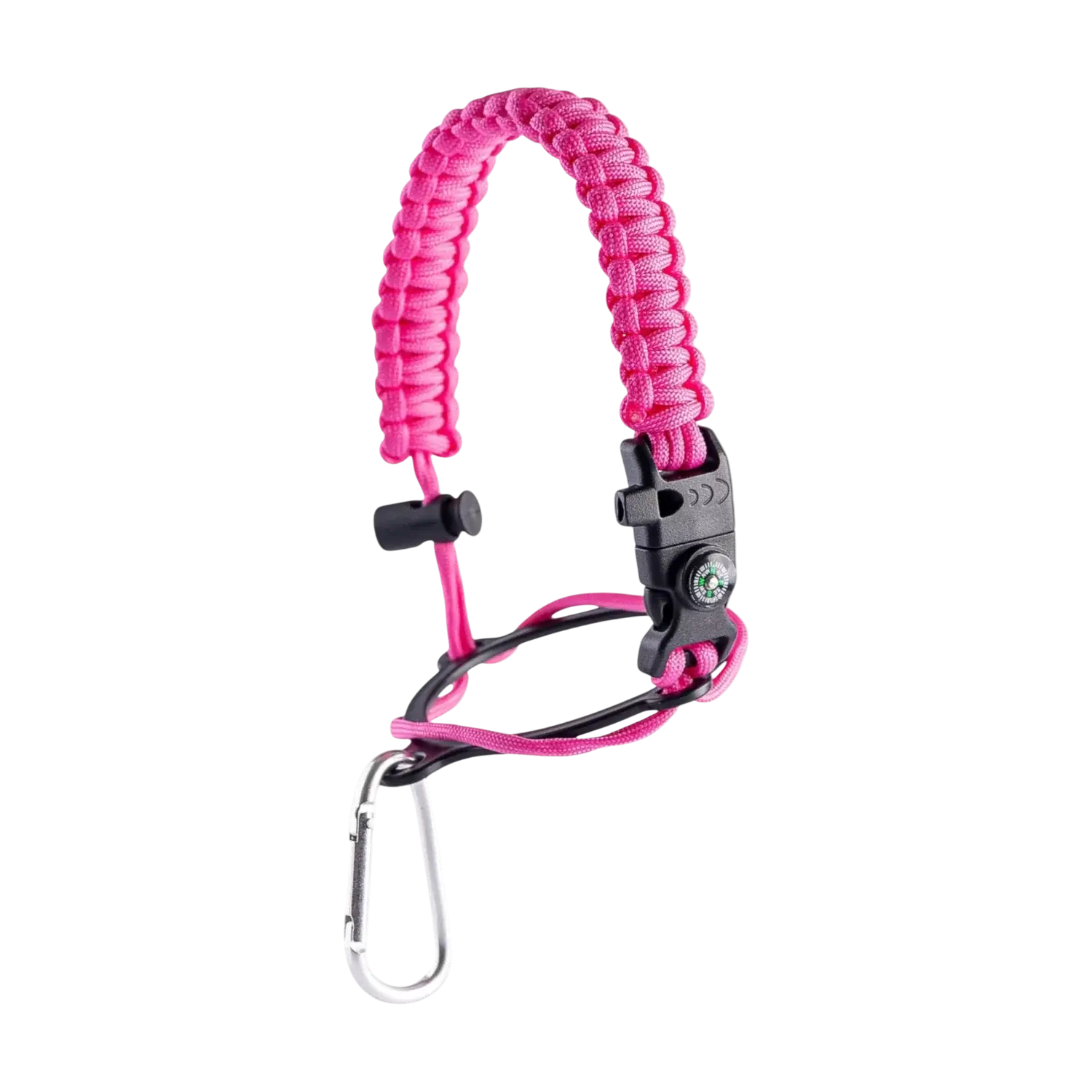 Alça para Garrafa Térmica de Mão rosa com bússola, apito e pederneira para aventuras e segurança.