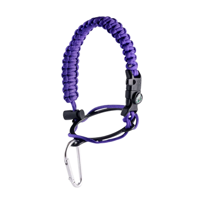 Alça para Garrafa Térmica de Mão em paracord roxo com bússola e apito para aventuras seguras e práticas.