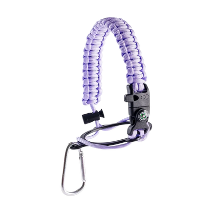 Alça para Garrafa Térmica de Mão com Paracord, bússola, apito e pederneira em nylon resistente para aventuras seguras.
