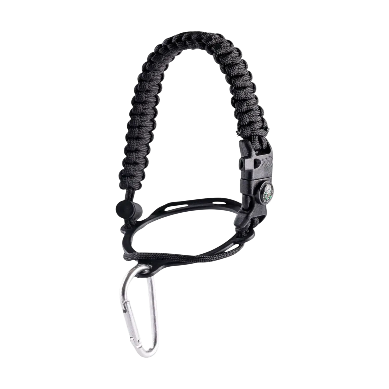 Alça para Garrafa Térmica de Mão com bússola, apito e pederneira em nylon resistente, ideal para aventuras e segurança.