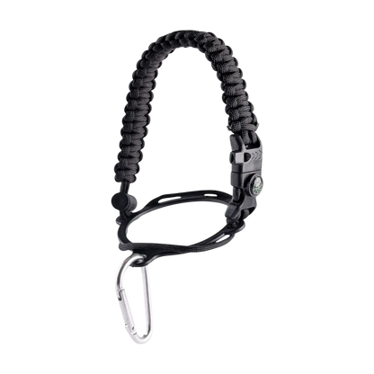 Alça para Garrafa Térmica de Mão com bússola, apito e pederneira em nylon resistente, ideal para aventuras e segurança.