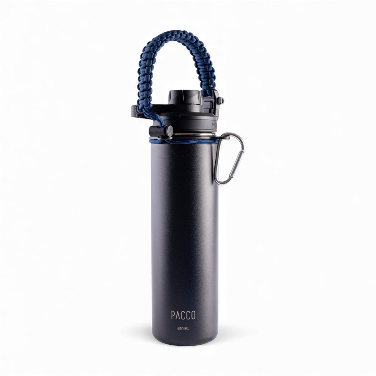 Alça para Garrafa Térmica de Mão com corda paracord, bússola, apito e pederneira para aventuras ao ar livre e trilhas.