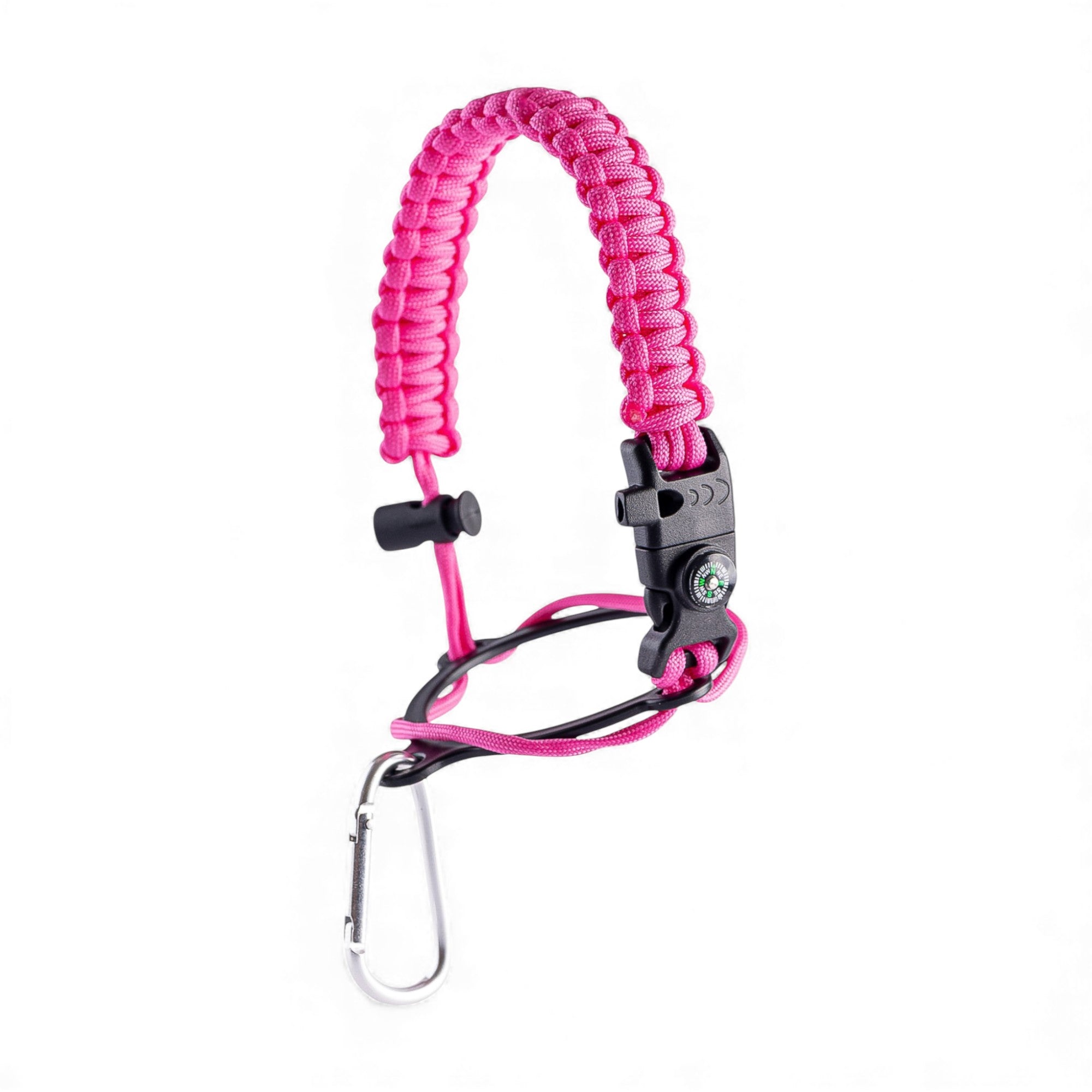 Alça para Garrafa Térmica de Mão com corda paracord rosa, bússola integrada e apito, ideal para aventuras ao ar livre.