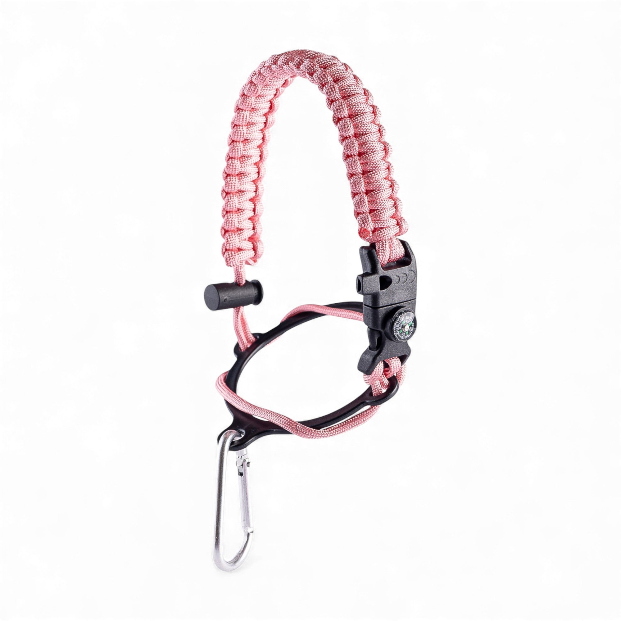 Alça para Garrafa Térmica de Mão em paracord rosa com bússola e apito, ideal para aventuras ao ar livre.