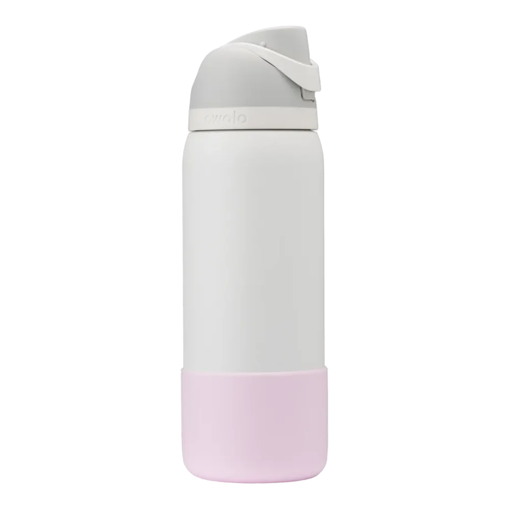 Capa Protetora de Silicone para Garrafa Owala - 946ml | 32oz em garrafa branca com base rosa, segurança contra impactos.
