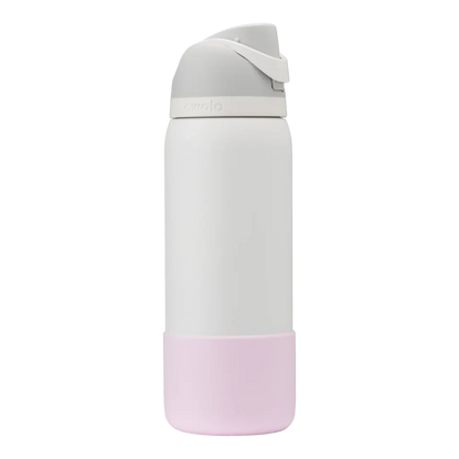 Capa Protetora de Silicone para Garrafa Owala - 946ml | 32oz em garrafa branca com base rosa, segurança contra impactos.