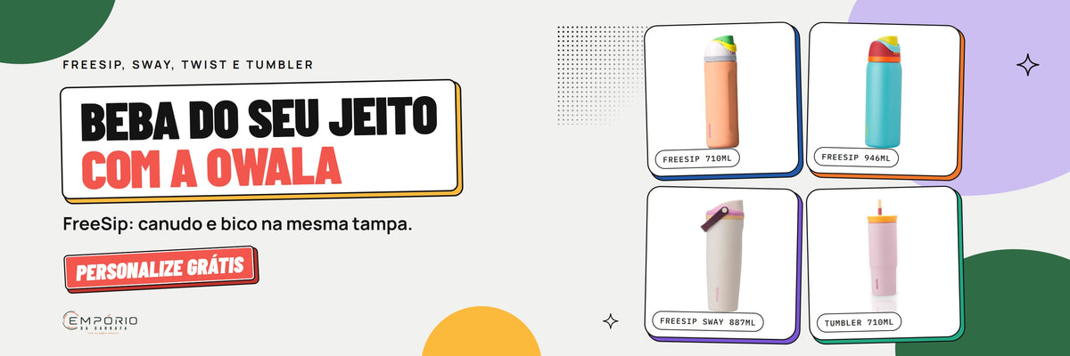 Beba do seu jeito com a Owala: garrafas FreeSip, Sway, Twist e Tumbler com canudo e bico na mesma tampa. Personalize grátis