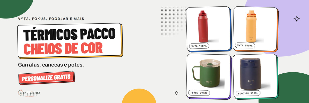 Térmicos PACCO cheios de cor: garrafas Vyta, canecas Fokus e potes FoodJar. Personalize grátis