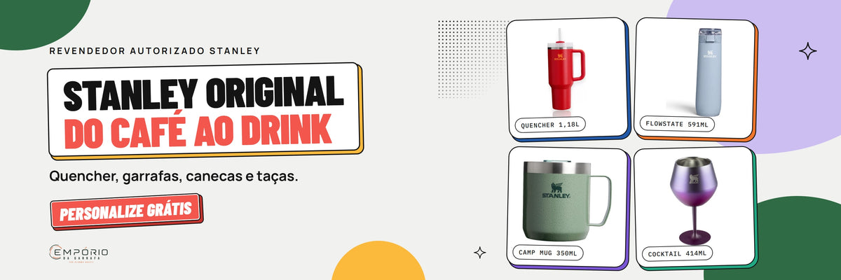 Stanley original, do café ao drink: copos Quencher, garrafas, canecas e taças. Revendedor autorizado Stanley. Personalize grátis