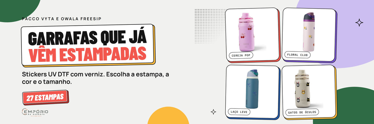 Garrafas que já vêm estampadas: PACCO Vyta e Owala FreeSip com 27 estampas exclusivas
