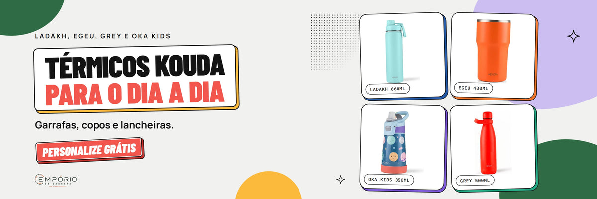 Térmicos Kouda: garrafas Ladakh, Grey e Oka Kids e copo Egeu