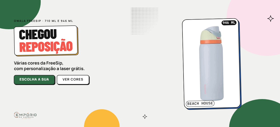 Owala FreeSip, chegou reposição: várias cores em 710 ml e 946 ml, banner desktop