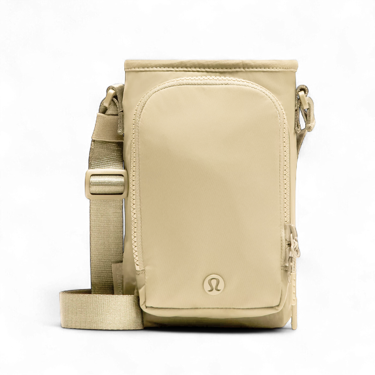 Bolsa para Garrafa Térmica - Cross Bottle Lululemon em cor bege, com alça ajustável para facilitar o transporte seguro de garrafas.