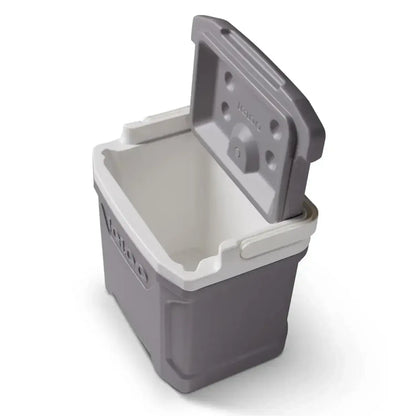 Caixa Térmica Profile 28L - Igloo aberta mostrando interior espaçoso em cor cinza e branco, ideal para portabilidade e isolamento térmico.