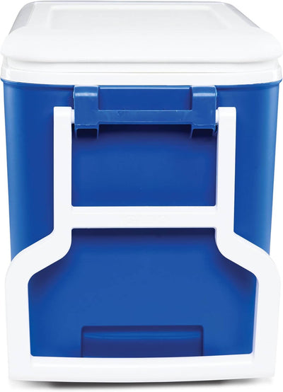Caixa Térmica Wheelie Cool 38QT - Igloo azul com tampa branca, ideal para transportar alimentos e bebidas em acampamentos e eventos.