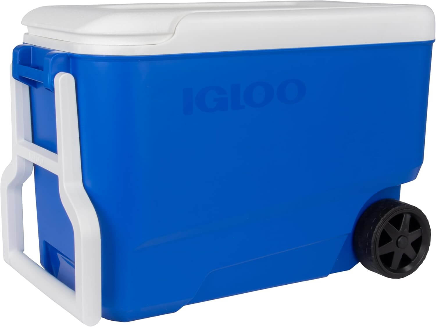 Caixa Térmica Wheelie Cool 38QT - Igloo azul com rodas, ideal para transporte eficiente de alimentos e bebidas em eventos ao ar livre.
