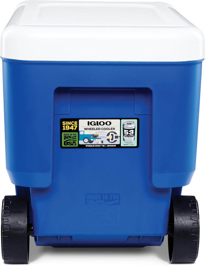 Caixa Térmica Wheelie Cool 38QT - Igloo em azul, com rodas para fácil transporte e isolamento Ultratherm. Ideal para eventos ao ar livre.