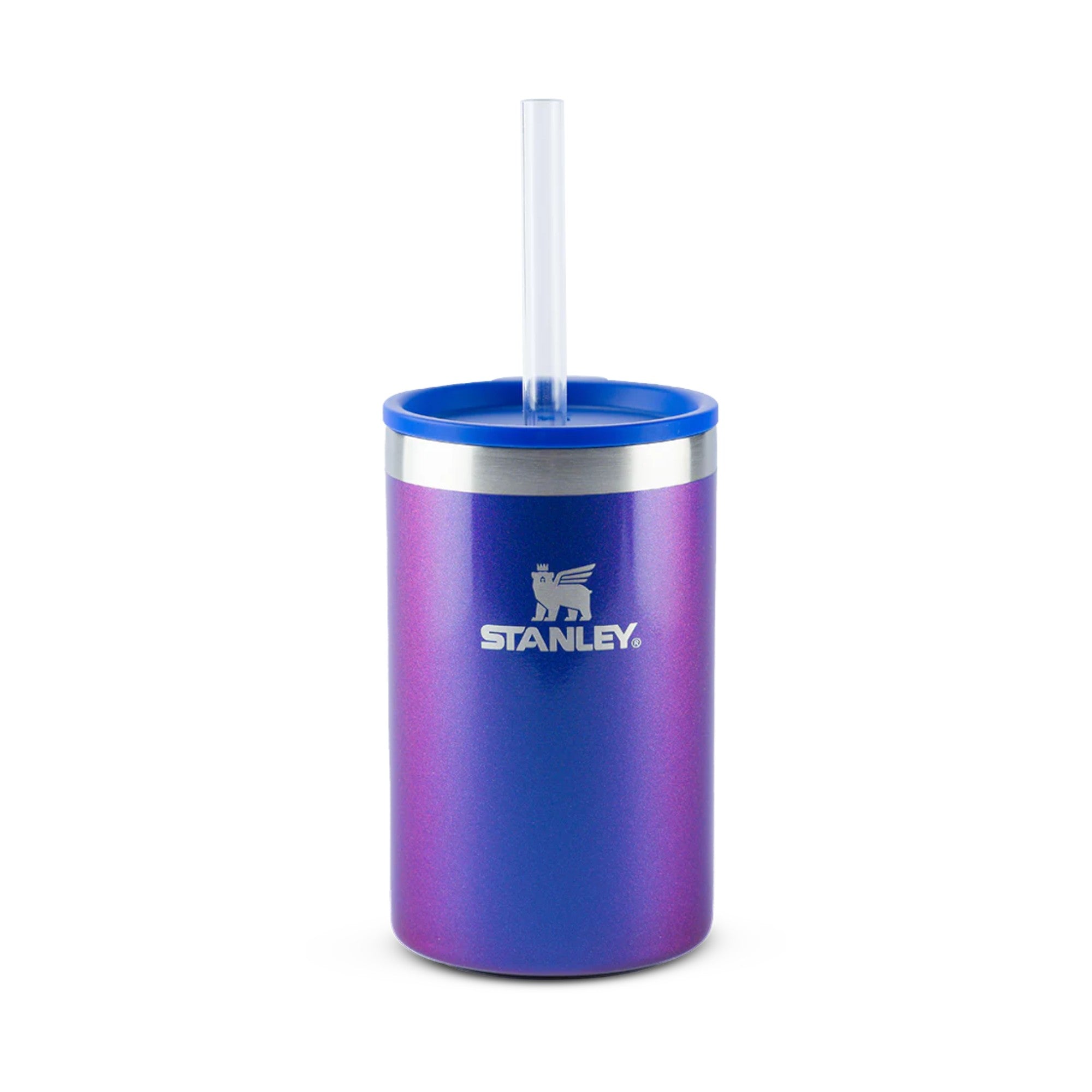 Can Cooler com canudo Stanley | 296ML em cor roxa com tampa e canudo, ideal para bebidas quentes e frias.